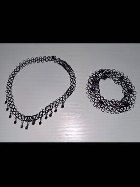 Black Tattoo Choker Necklace & Bracelet Set with Purple Crystal Accents Y2K Goth